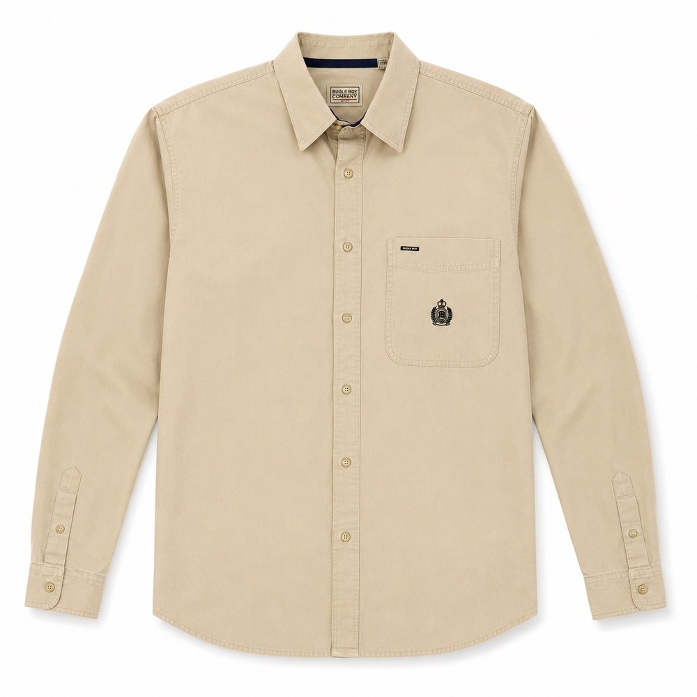 VTG Bugle Boy Company Mens XL Beige Button Down Shirt Crest Preppy 90s Y2K